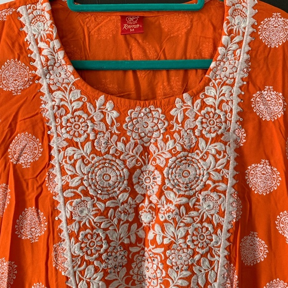 Orange Kurti with beautiful thread work - Picture 3 of 4